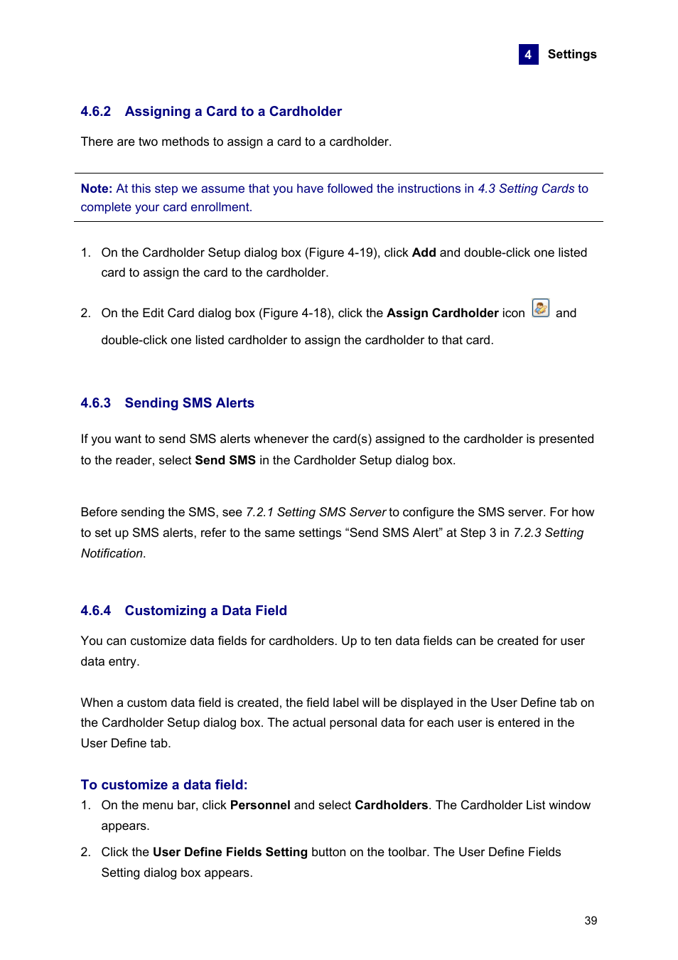 2 assigning a card to a cardholder, 3 sending sms alerts, 4 customizing a data field | AGI Security GVASBOX-100 User Manual | Page 47 / 138