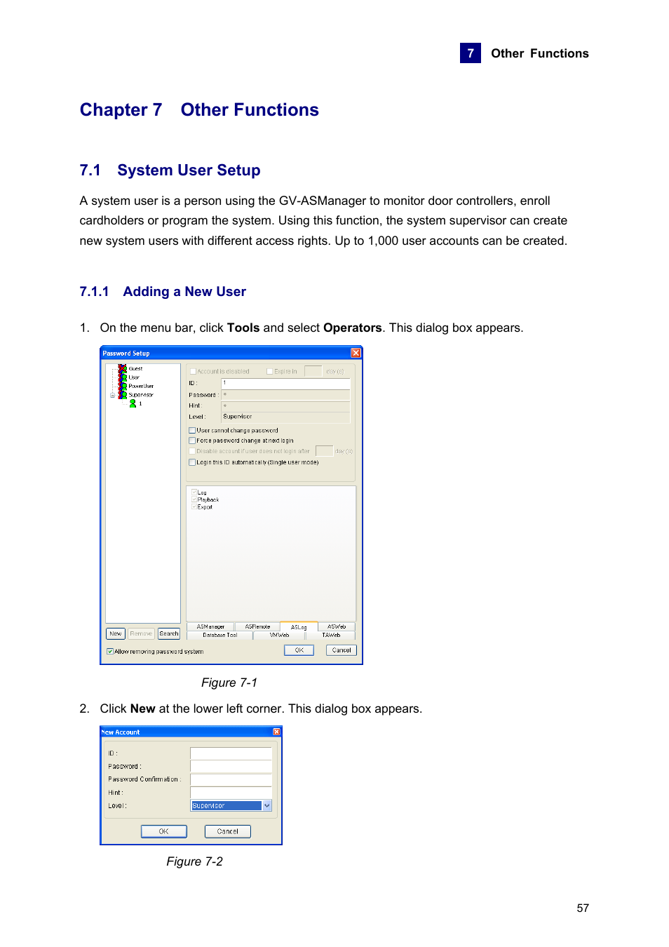 Chapter 7 other functions, 1 system user setup, 1 adding a new user | AGI Security GVASBOX-100 User Manual | Page 65 / 138