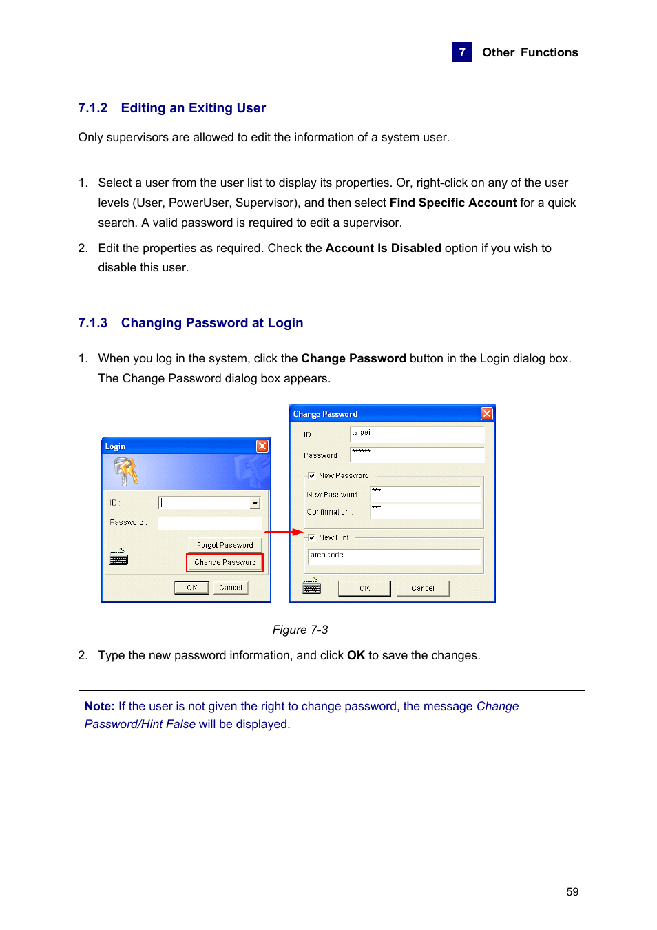 2 editing an exiting user, 3 changing password at login | AGI Security GVASBOX-100 User Manual | Page 67 / 138
