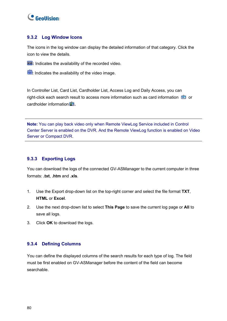 2 log window icons, 3 exporting logs, 4 defining columns | AGI Security GVASBOX-100 User Manual | Page 88 / 138