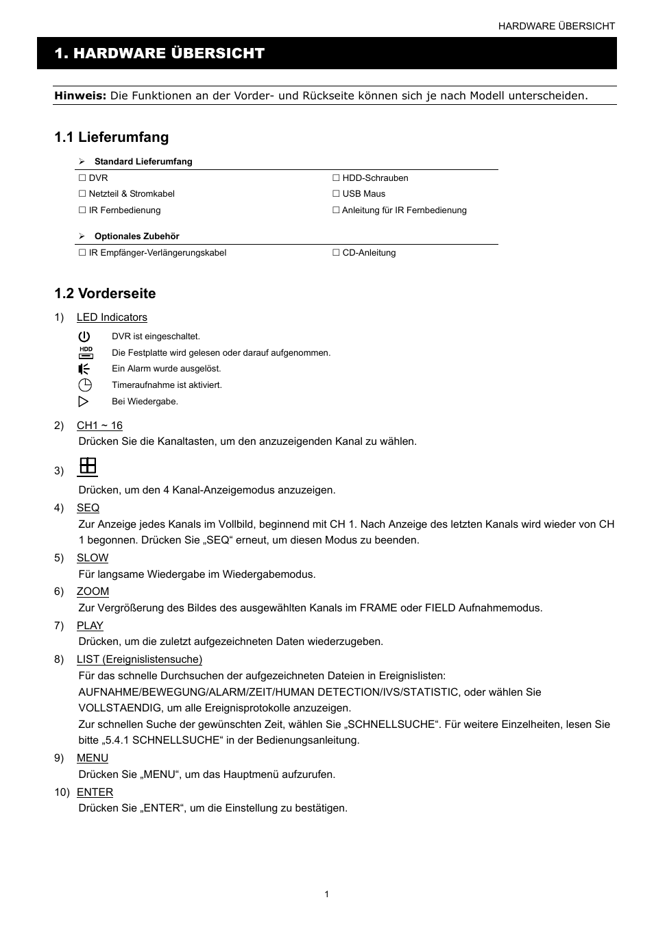 Hardware übersicht, 1 lieferumfang, 2 vorderseite | AGI Security SYS-16A901 User Manual User Manual | Page 314 / 459