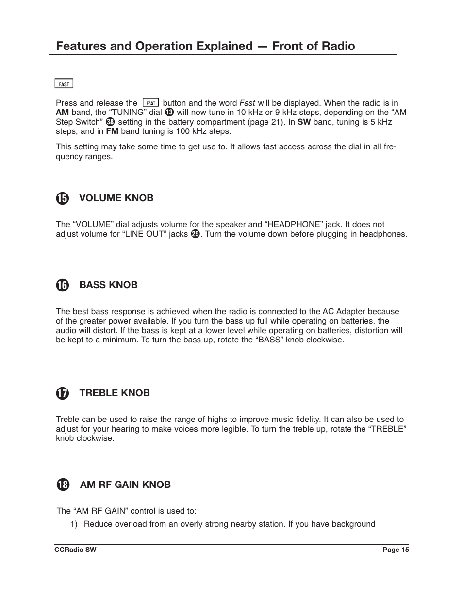 Features and operation explained — front of radio | C. Crane CCRadio SW User Manual | Page 15 / 24