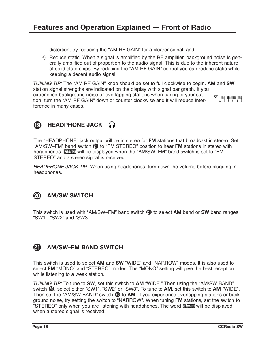 Features and operation explained — front of radio | C. Crane CCRadio SW User Manual | Page 16 / 24