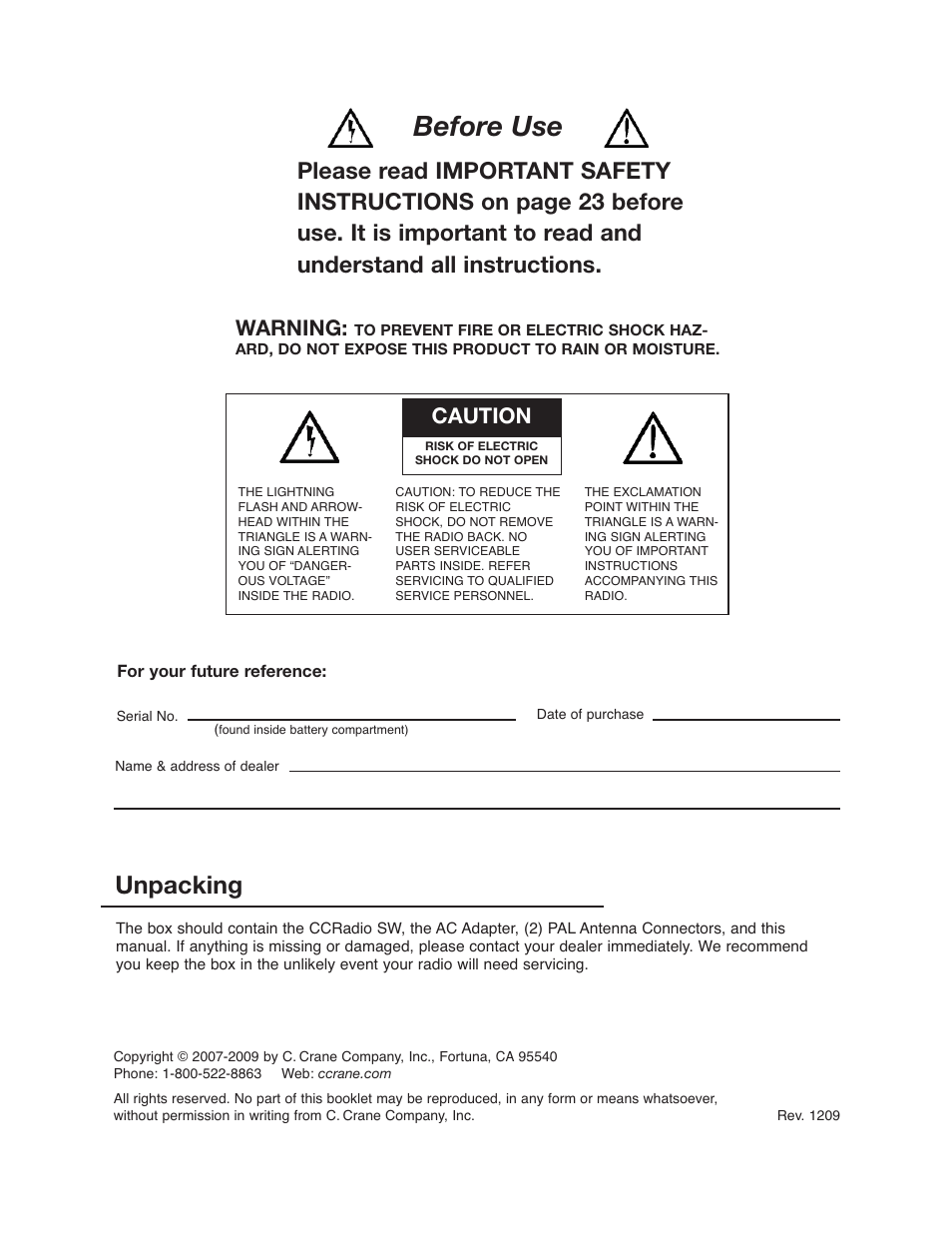 Before use, Unpacking, Warning | Caution | C. Crane CCRadio SW User Manual | Page 2 / 24