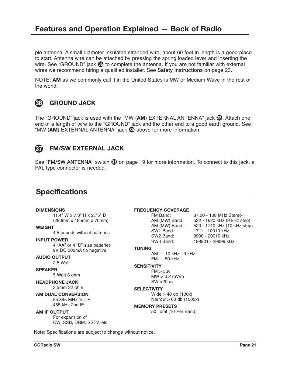 Features and operation explained — back of radio, Specifications, Ground jack | Fm/sw external jack | C. Crane CCRadio SW User Manual | Page 21 / 24