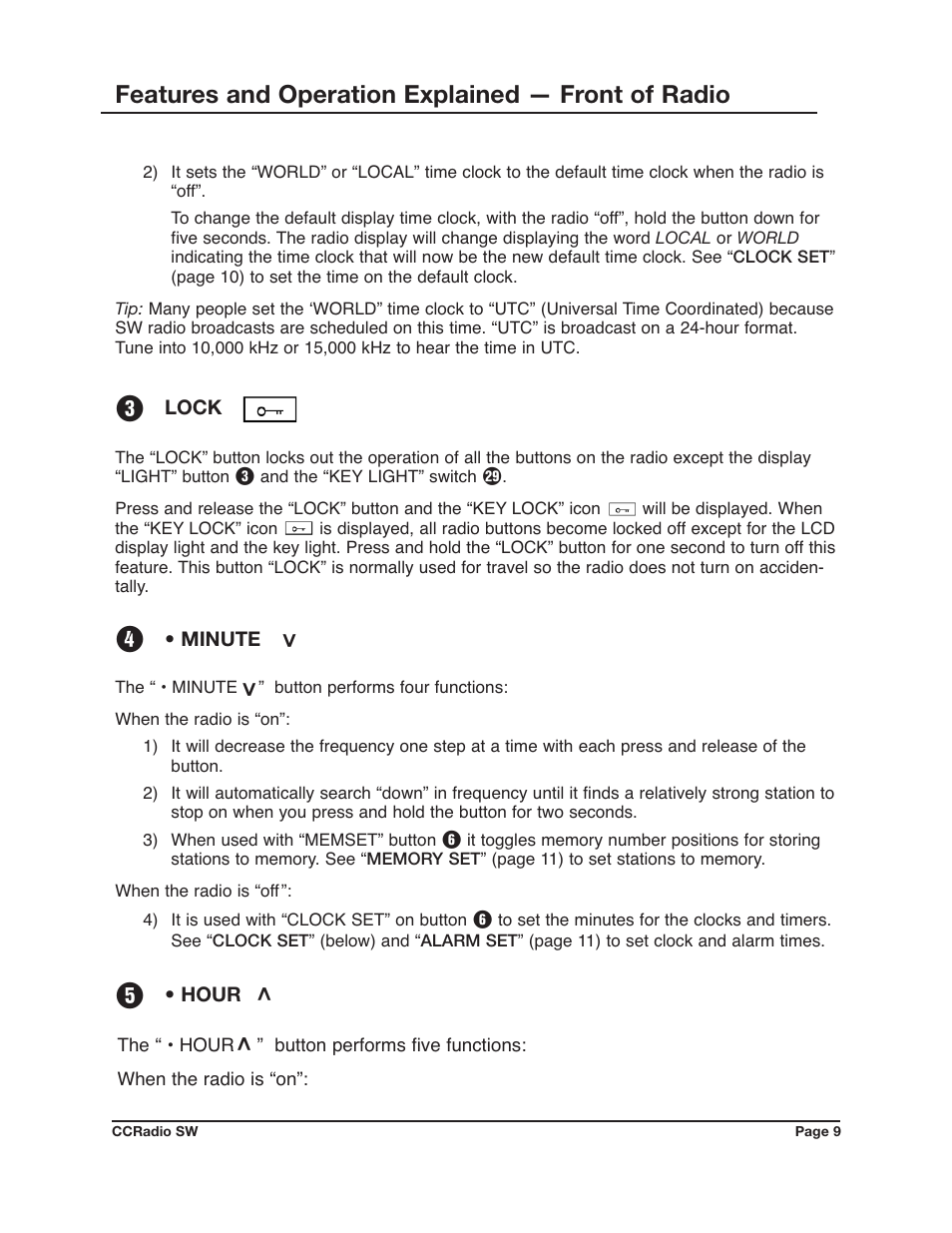 Features and operation explained — front of radio | C. Crane CCRadio SW User Manual | Page 9 / 24