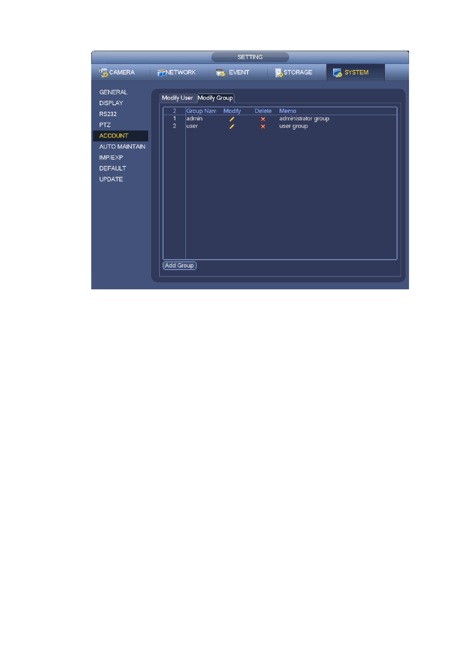 1 add/modify group, Add/modify group | AGI Security SYS-16HN44P User Manual | Page 232 / 324