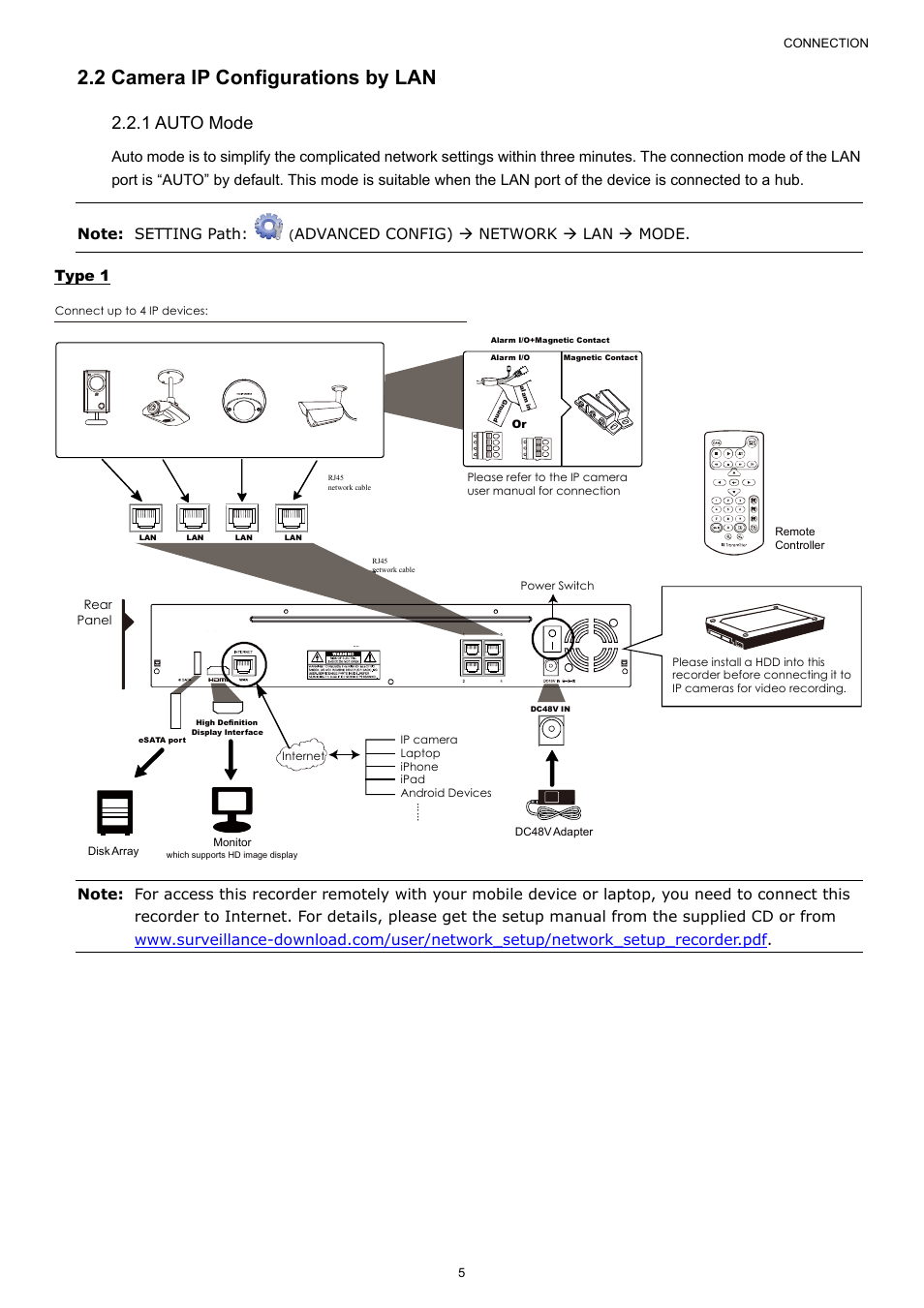 2 camera ip configurations by lan, 1 auto mode, Advanced config)  network  lan  mode. type 1 | AGI Security SYS-4HNVR304 Manual User Manual | Page 11 / 95