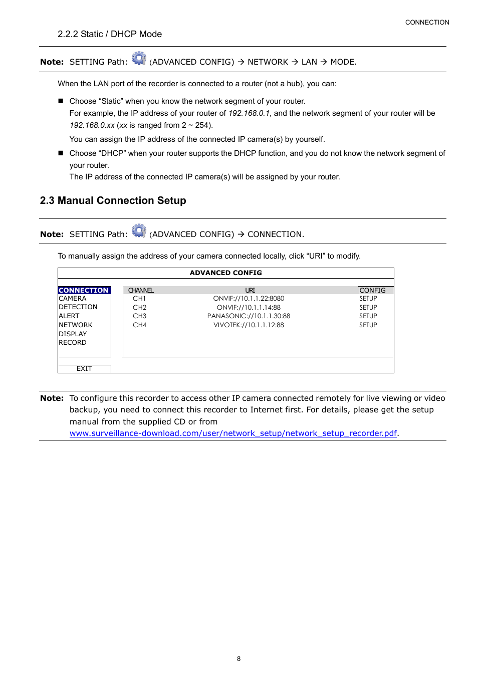 3 manual connection setup, 2 static / dhcp mode | AGI Security SYS-4HNVR304 Manual User Manual | Page 14 / 95