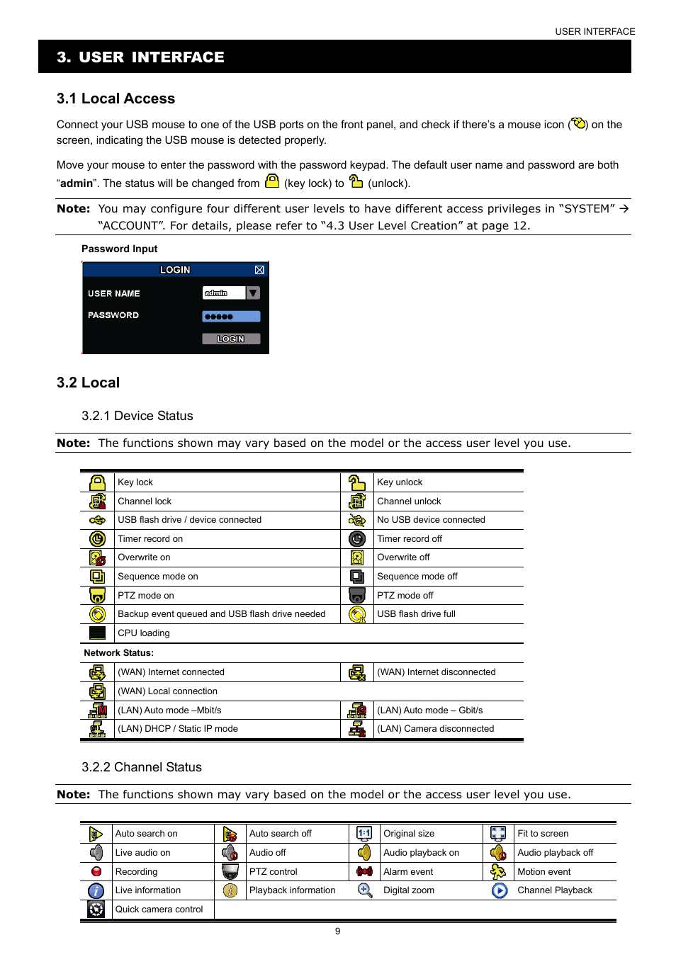 User interface 3.1 local access, 2 local, 1 device status | 2 channel status | AGI Security SYS-4HNVR304 Manual User Manual | Page 15 / 95