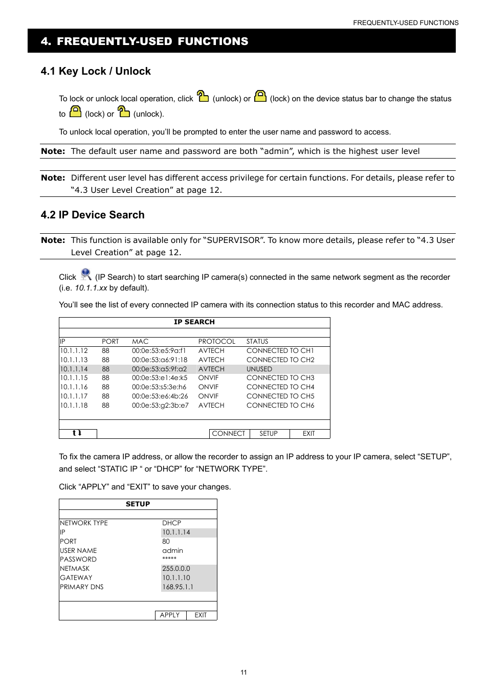 Frequently-used functions 4.1 key lock / unlock, 2 ip device search | AGI Security SYS-4HNVR304 Manual User Manual | Page 17 / 95