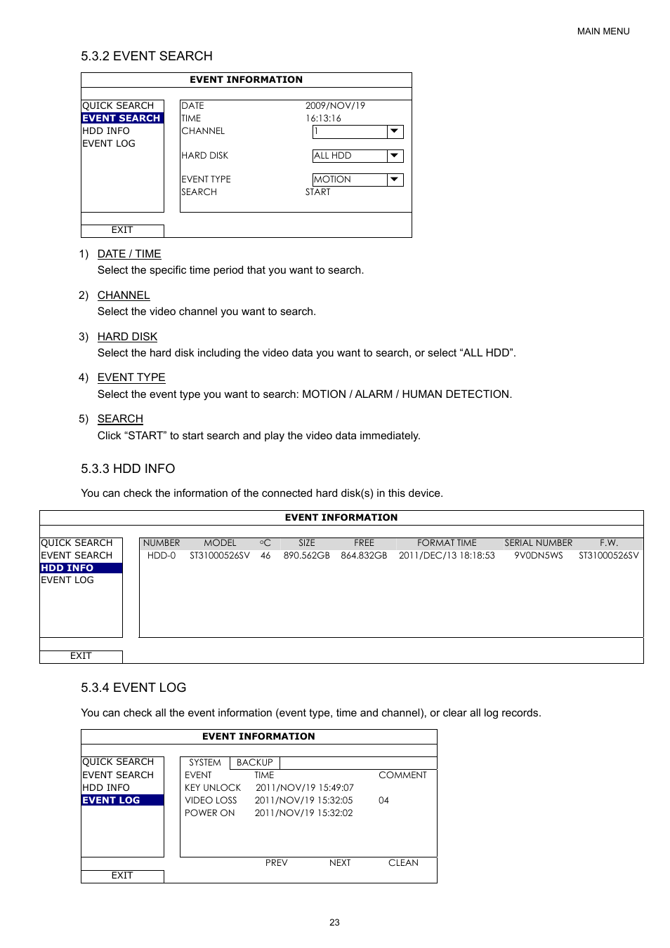 2 event search, 3 hdd info, 4 event log | AGI Security SYS-4HNVR304 Manual User Manual | Page 29 / 95