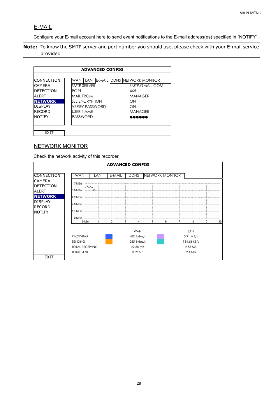 E-mail, Network monitor, Check the network activity of this recorder | AGI Security SYS-4HNVR304 Manual User Manual | Page 34 / 95