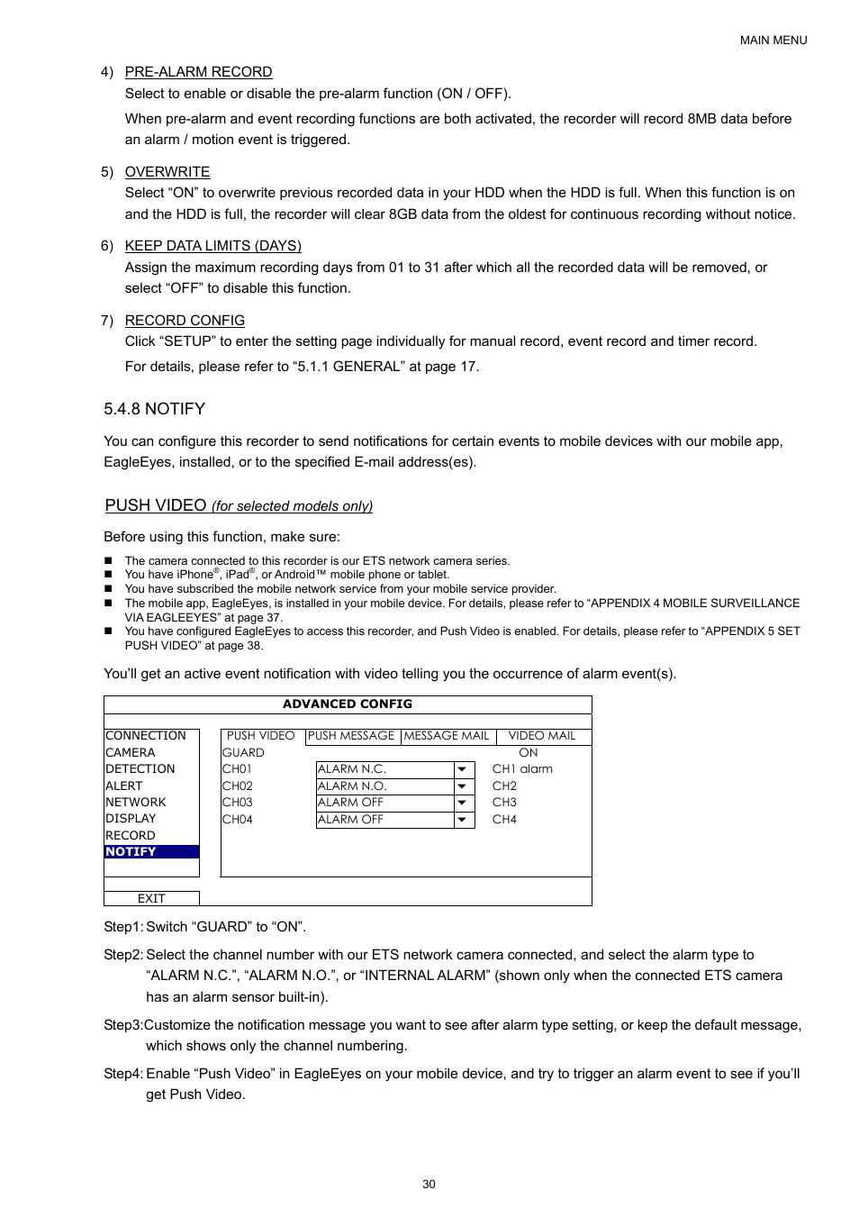 8 notify, Push video | AGI Security SYS-4HNVR304 Manual User Manual | Page 36 / 95