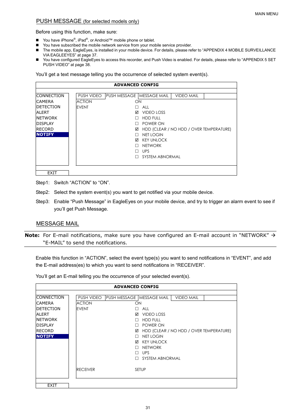 Push message, Message mail | AGI Security SYS-4HNVR304 Manual User Manual | Page 37 / 95