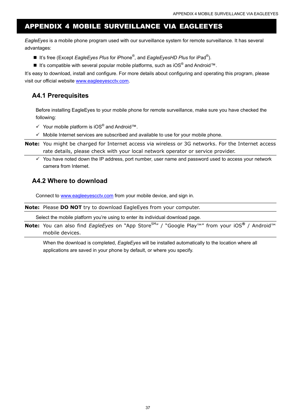 Appendix 4 mobile surveillance via eagleeyes, A4.1 prerequisites, A4.2 where to download | AGI Security SYS-4HNVR304 Manual User Manual | Page 43 / 95