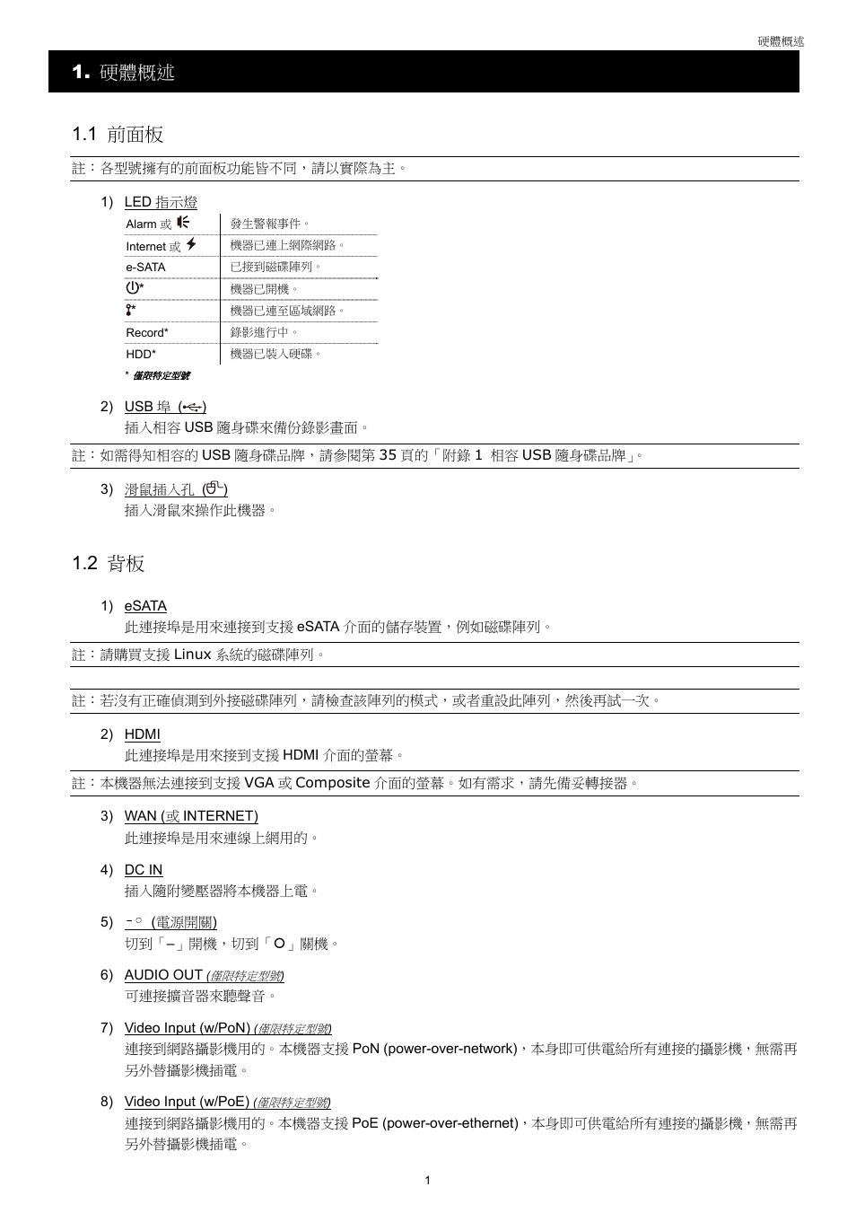 硬體概述 1.1 前面板, 2 背板 | AGI Security SYS-4HNVR304 Manual User Manual | Page 54 / 95