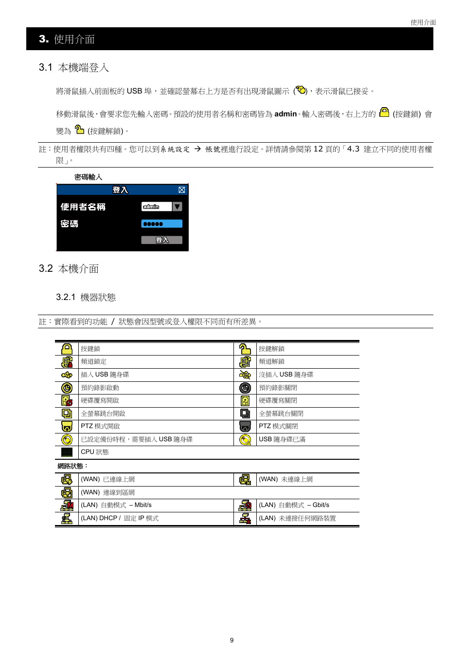 使用介面 3.1 本機端登入, 2 本機介面, 1 機器狀態 | AGI Security SYS-4HNVR304 Manual User Manual | Page 62 / 95