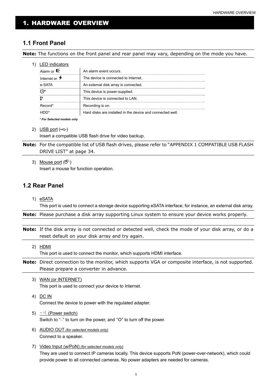 Hardware overview 1.1 front panel, 2 rear panel | AGI Security SYS-4HNVR304 Manual User Manual | Page 7 / 95