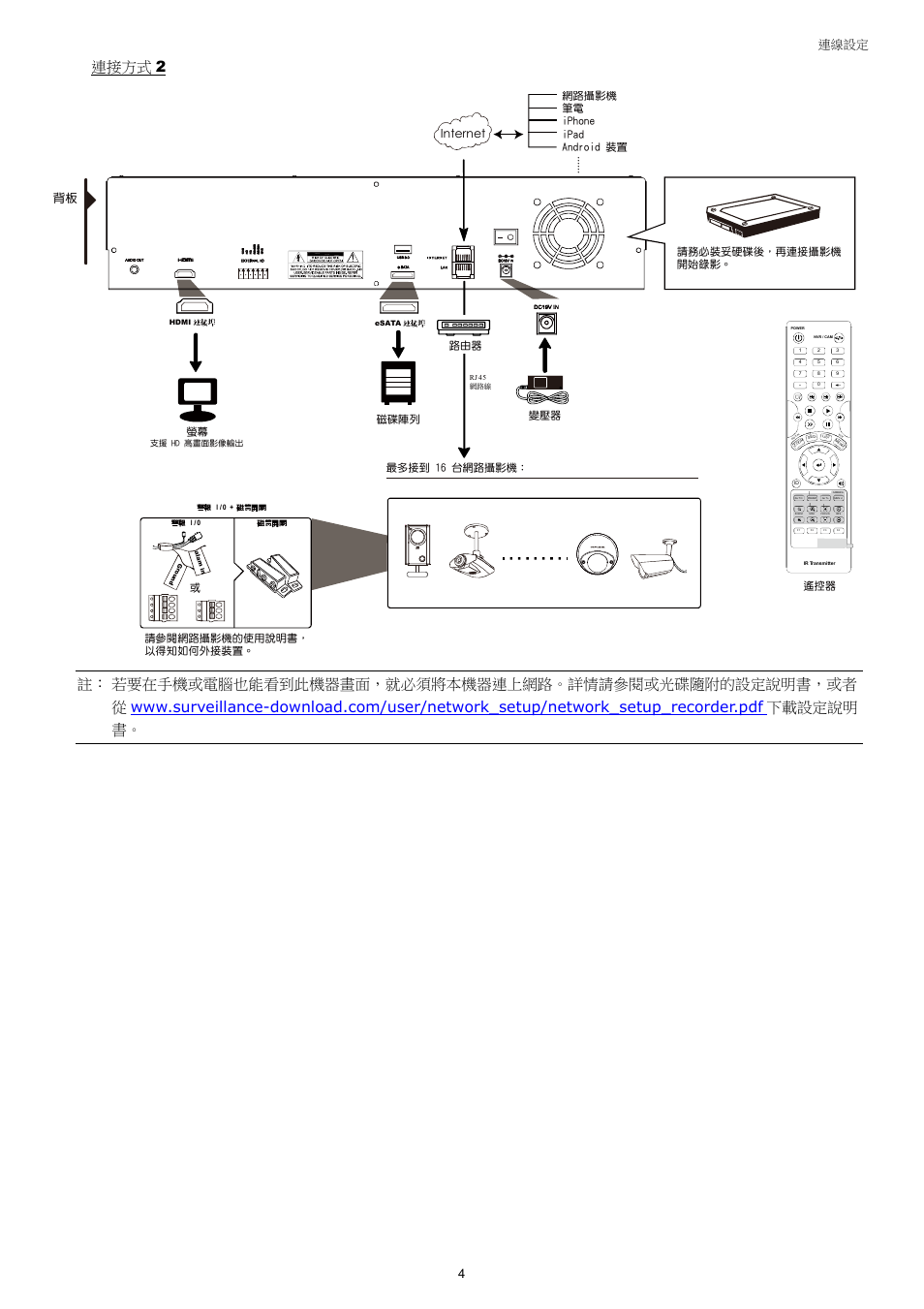 連接方式 2, 連線設定 4, Internet | 最多接到 16 台網路攝影機, 磁碟陣列 路由器 請務必裝妥硬碟後，再連接攝影機 開始錄影, 網路攝影機 筆電 iphone ipad android 裝置, 請參閱網路攝影機的使用說明書， 以得知如何外接裝置 | AGI Security SYS-4HNVR304 Quick Guide User Manual | Page 26 / 35