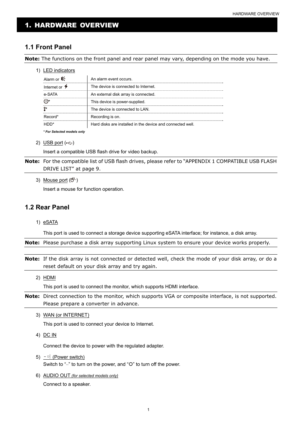 Hardware overview 1.1 front panel, 2 rear panel | AGI Security SYS-4HNVR304 Quick Guide User Manual | Page 6 / 35