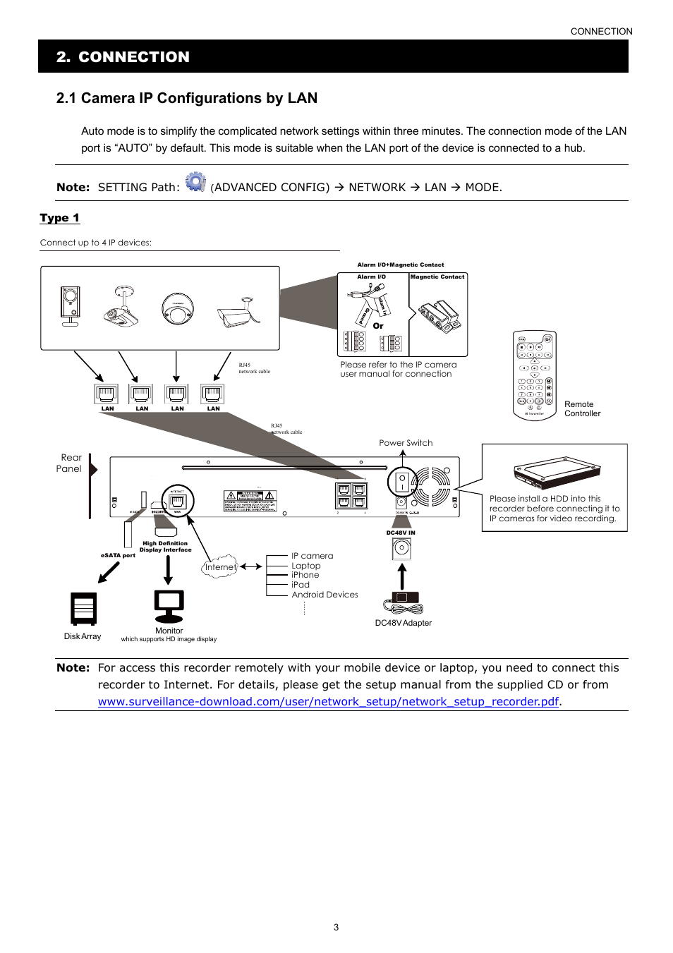 Connection 2.1 camera ip configurations by lan, Advanced config)  network  lan  mode. type 1 | AGI Security SYS-4HNVR304 Quick Guide User Manual | Page 8 / 35