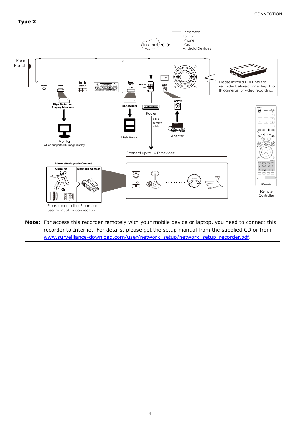 Type 2, Connection 4, Rear panel | Internet, Monitor, Connect up to 16 ip devices, Adapter, Disk array, Remote controller | AGI Security SYS-4HNVR304 Quick Guide User Manual | Page 9 / 35