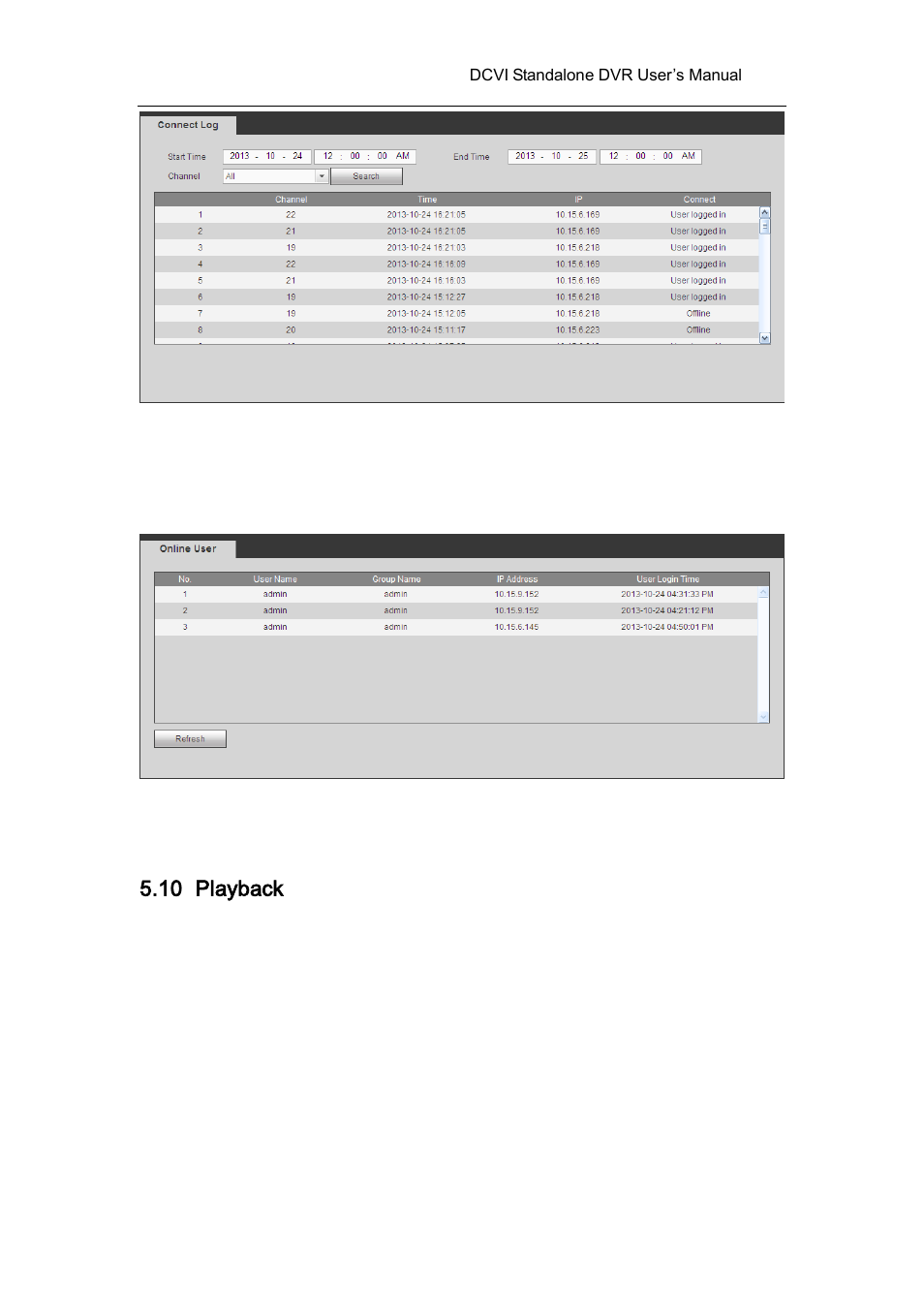 4 online user, 10 playback, Online user | Playback | AGI Security SYS-HC0451 HDCVI DVR User Manual User Manual | Page 251 / 285