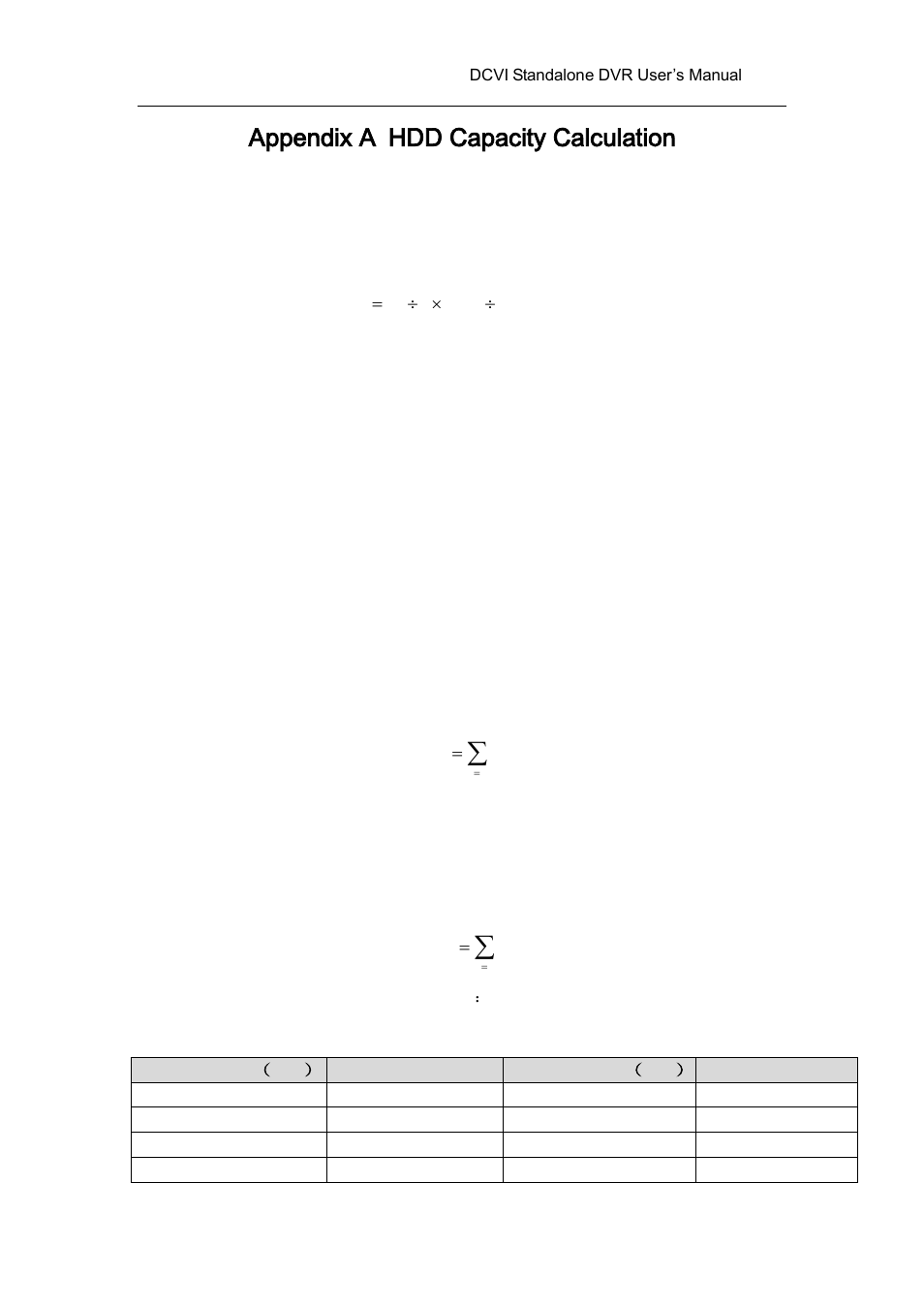 Appendix a hdd capacity calculation, Appendix a, Hdd capacity calculation | AGI Security SYS-HC0451 HDCVI DVR User Manual User Manual | Page 267 / 285