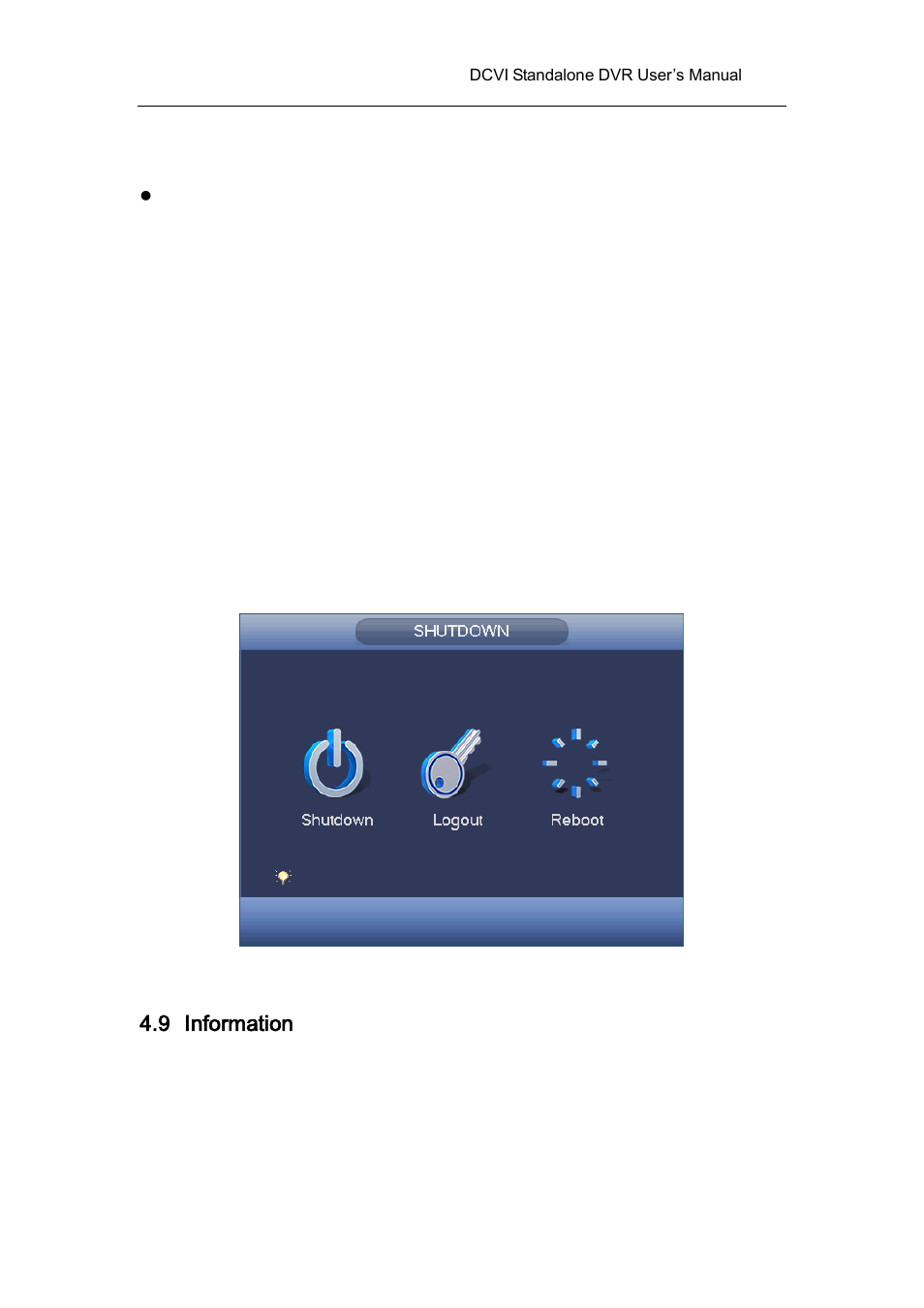 3 shut down, 9 information, 1 system info | Shut down, Information, System info | AGI Security SYS-HC0451 HDCVI DVR User Manual User Manual | Page 93 / 285