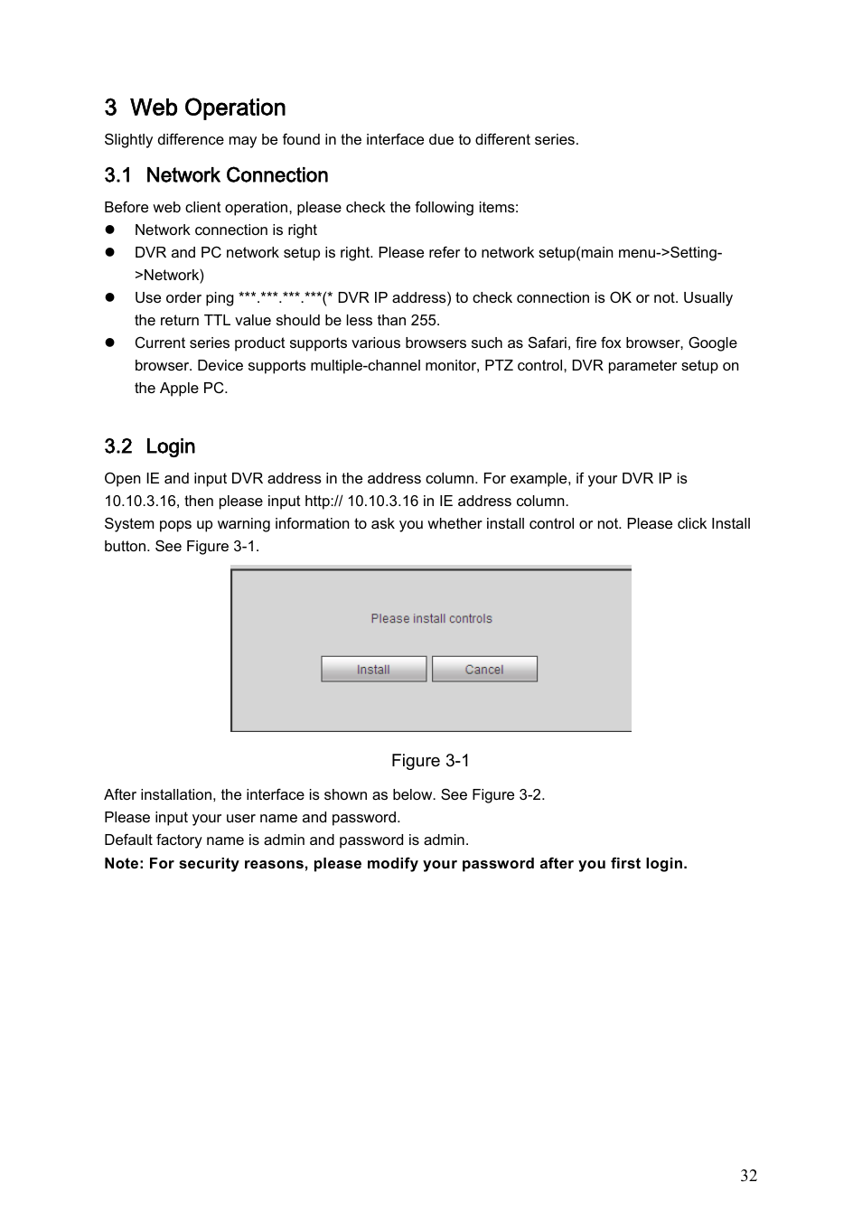 3 web operation, 1 network connection, 2 login | AGI Security SYS-HC0451 Standalone DVR Quick Start Guide User Manual | Page 36 / 39