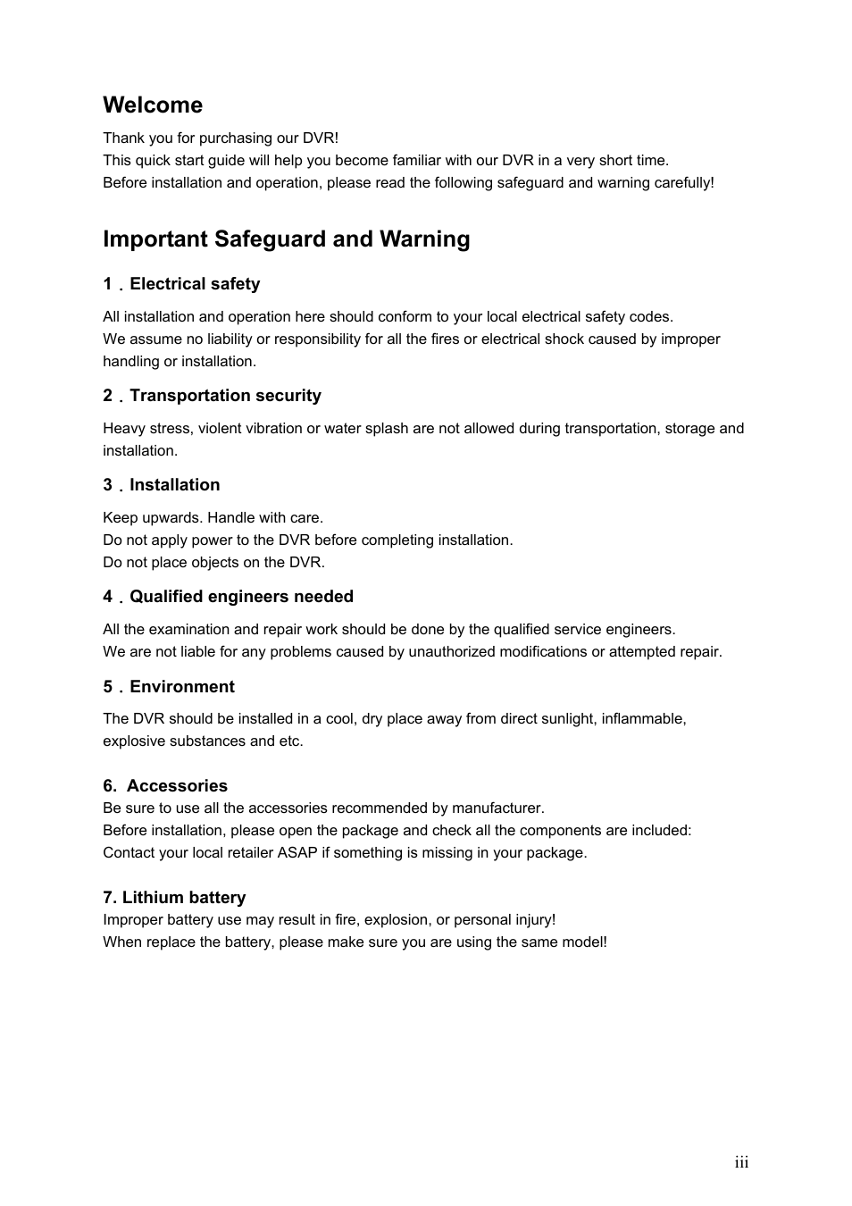 Welcome, Important safeguard and warning | AGI Security SYS-HC0451 Standalone DVR Quick Start Guide User Manual | Page 4 / 39