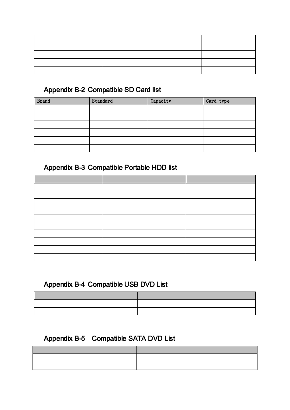 Appendix b-2 compatible sd card list, Appendix b-3 compatible portable hdd list, Appendix b-4 compatible usb dvd list | Appendix b-5 compatible sata dvd list, Appendix b-2, Compatible sd card list, Appendix b-3, Compatible portable hdd list, Appendix b-4, Compatible usb dvd list | AGI Security SYS-HC0851S2 User Manual | Page 252 / 266