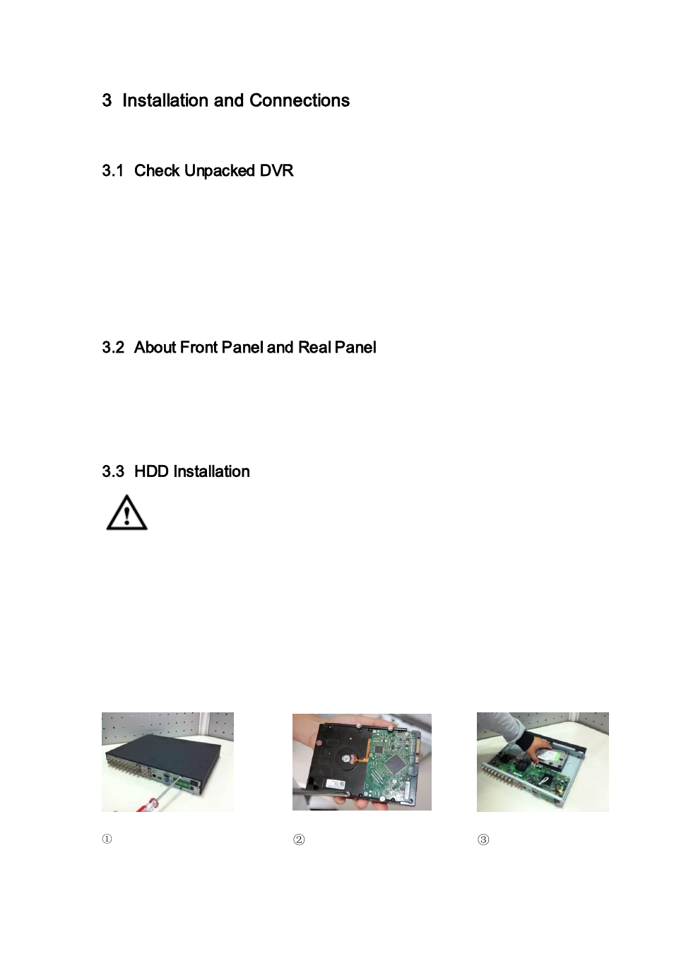 3 installation and connections, 1 check unpacked dvr, 2 about front panel and real panel | 3 hdd installation, 1 1u series, Installation and connections, Check unpacked dvr, About front panel and real panel, Hdd installation, 1u series | AGI Security SYS-HC0851S2 User Manual | Page 54 / 266