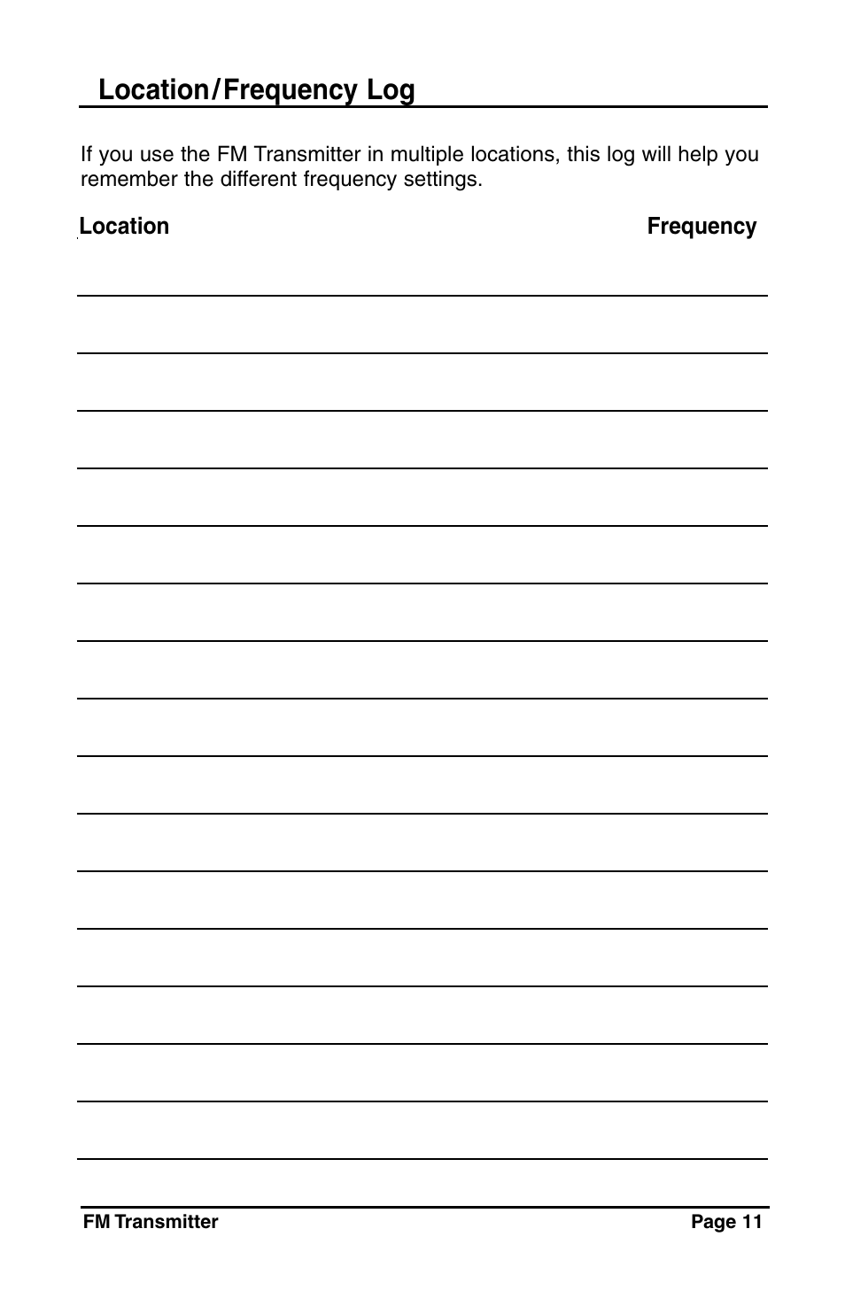 Location / frequency log | C. Crane Satellite Radio User Manual | Page 11 / 16