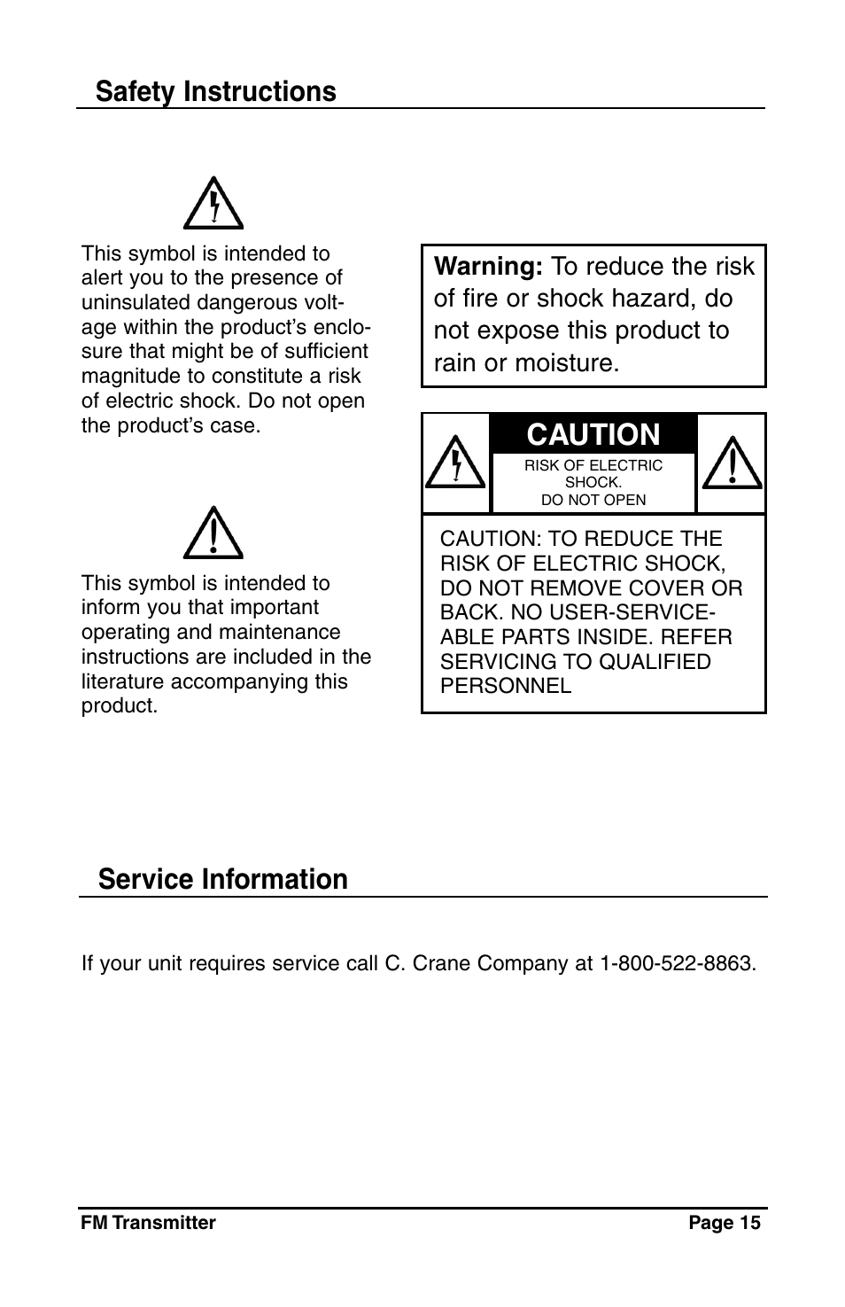 Caution, Safety instructions, Service information | C. Crane Satellite Radio User Manual | Page 15 / 16
