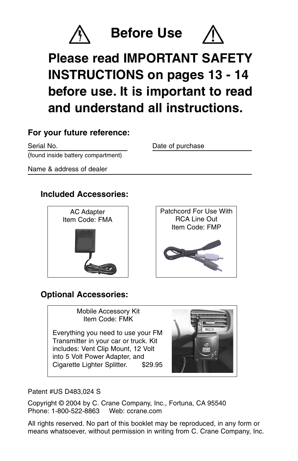 Before use | C. Crane Satellite Radio User Manual | Page 2 / 16