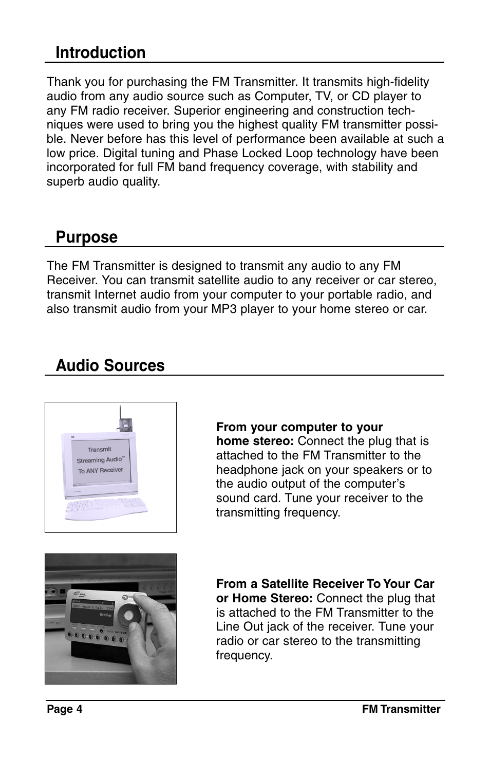 Introduction, Purpose audio sources | C. Crane Satellite Radio User Manual | Page 4 / 16