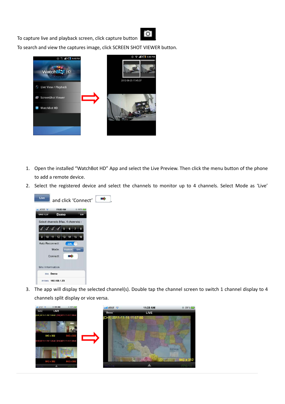 2-4. screen shot and viewer, 3. watchbot hd for iphone, 3-1. live | AGI Security SYS-HD0420A User Manual | Page 100 / 119