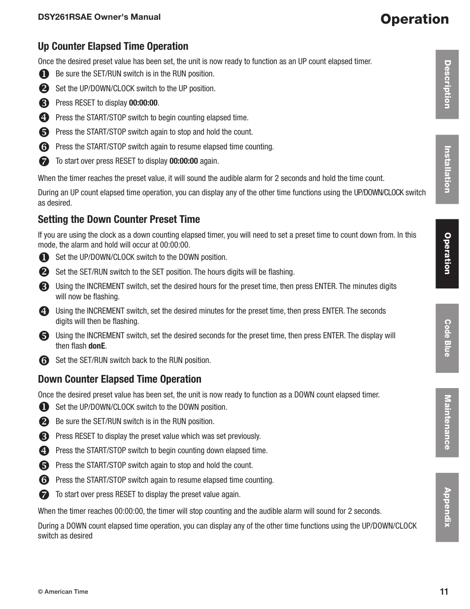 Up counter elapsed time operation, Setting the down counter preset time, Down counter elapsed time operation | Operation | American Time DSY261RSAE User Manual | Page 11 / 19
