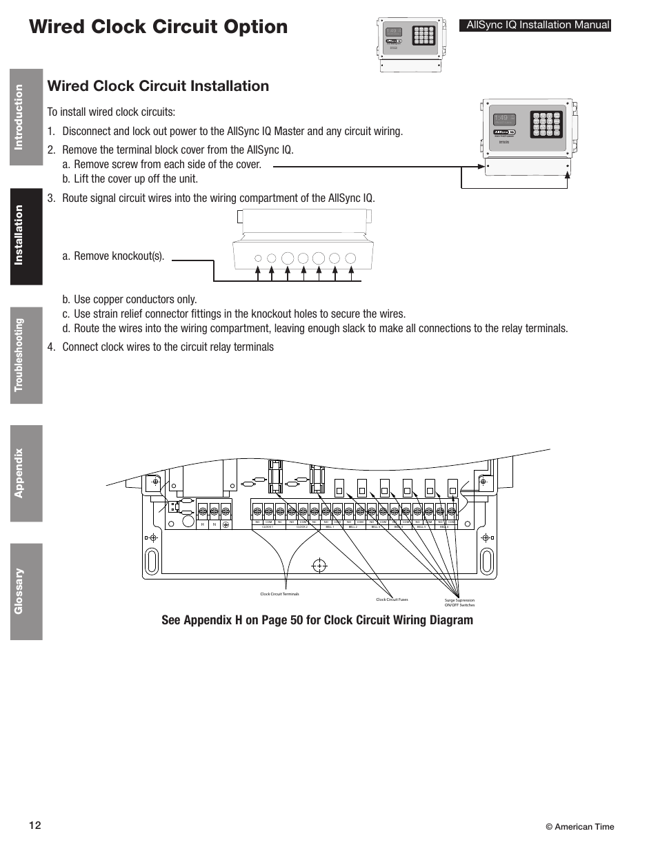 Wired clock circuit option, Wired clock circuit installation, American time | American Time AllSync IQ User Manual | Page 12 / 57