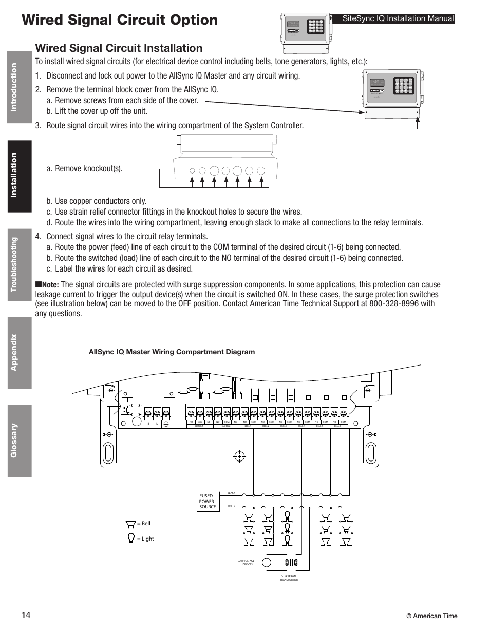 Wired signal circuit installation, Wired signal circuit option, Allsync iq master wiring compartment diagram | American Time AllSync IQ User Manual | Page 14 / 57