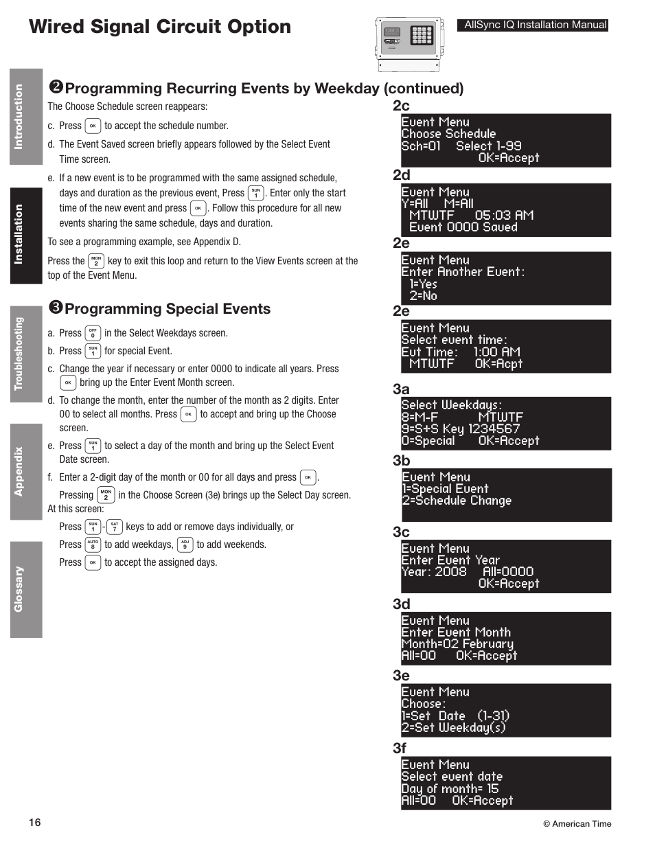 Wired signal circuit option w, Programming special events | American Time AllSync IQ User Manual | Page 16 / 57