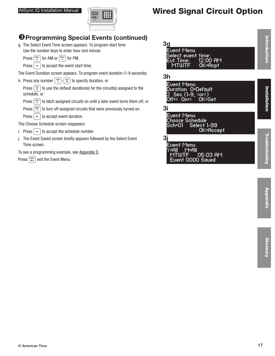 Wired signal circuit option w, Programming special events (continued), 3j 3i | American Time AllSync IQ User Manual | Page 17 / 57