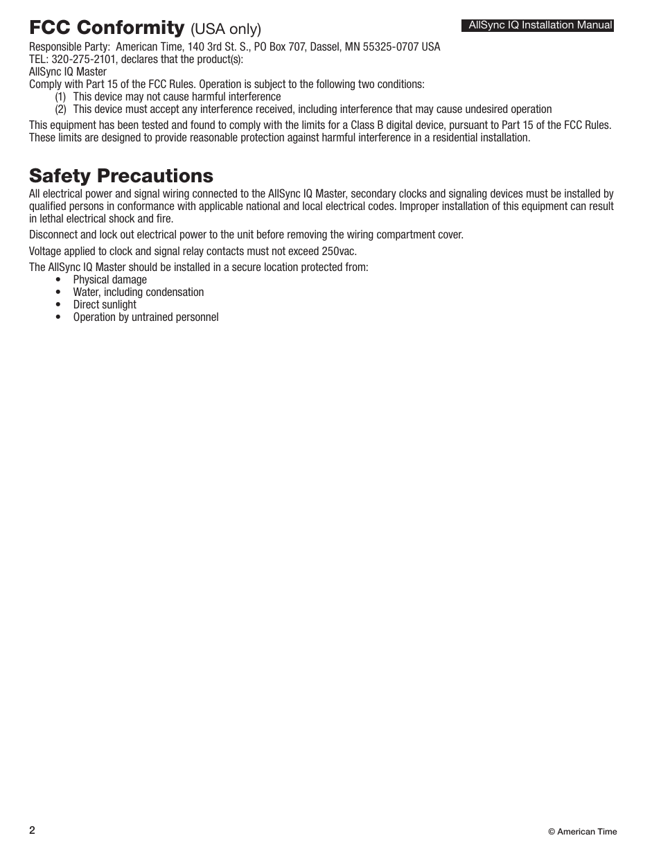 Fcc conformity, Safety precautions | American Time AllSync IQ User Manual | Page 2 / 57