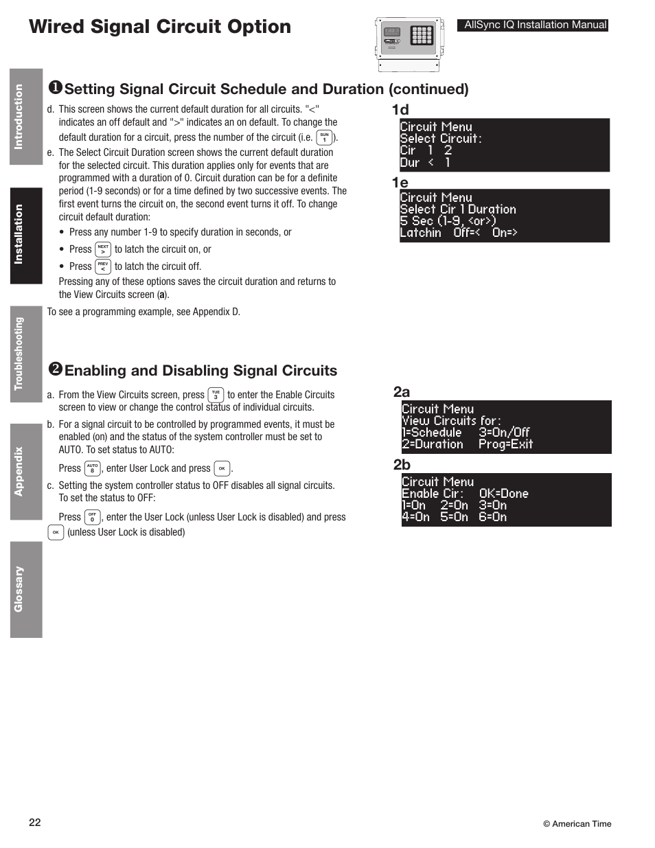 Wired signal circuit option v, Enabling and disabling signal circuits, 1e 1d | 2b 2a | American Time AllSync IQ User Manual | Page 22 / 57