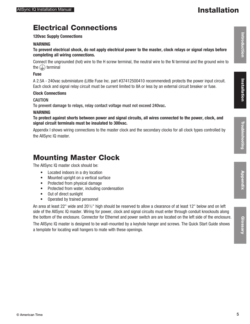 Installation electrical connections, Mounting master clock | American Time AllSync IQ User Manual | Page 5 / 57