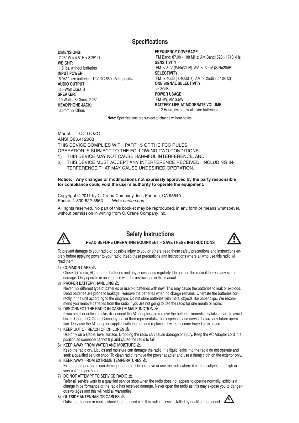 Safety instructions, Specifications | C. Crane CC Gozo User Manual | Page 2 / 3