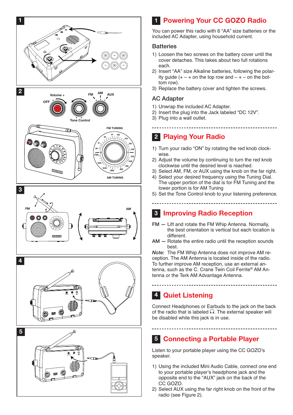 Powering your cc gozo radio, Playing your radio improving radio reception, Quiet listening | Connecting a portable player | C. Crane CC Gozo User Manual | Page 3 / 3