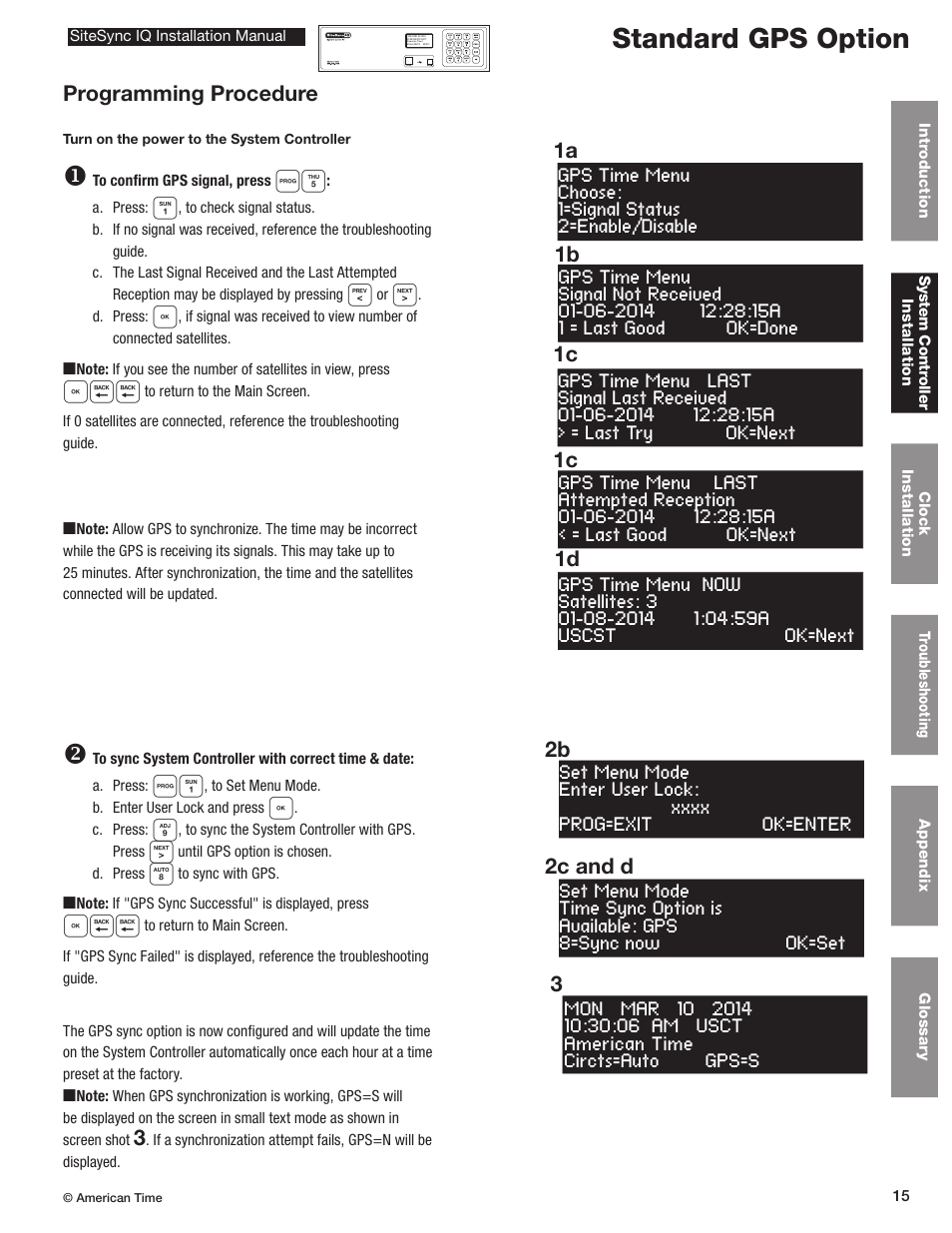 Standard gps option, Programming procedure, 2b 2c and d 1d 1a | 1c 1b | American Time SiteSync IQ User Manual | Page 15 / 81